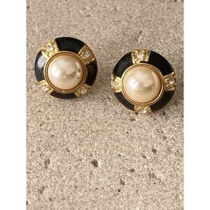 Vintage Roman 1980s Earrings Gold Tone Black Enamel Faux Pearl Rhinestone Studs